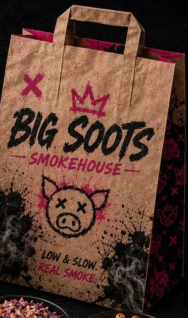 Concept design of the Big Soots kraft takeaway bag with pig, crown and X marks.