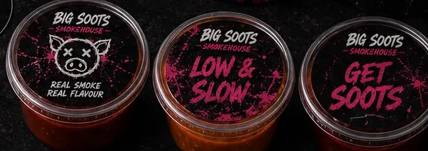 Concept design of three Big Soots sauce pots: Real Smoke Real Flavour, Low and Slow, Get Soots.